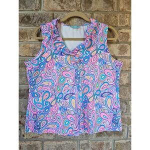 Anthonys Resort Wear XL Pink Paisley Ruffle Neck Tank TOp Blouse Lilly Style EUC